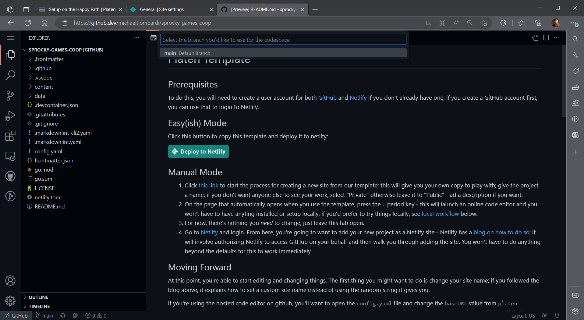 Screenshot of selecting the branch for the codespace