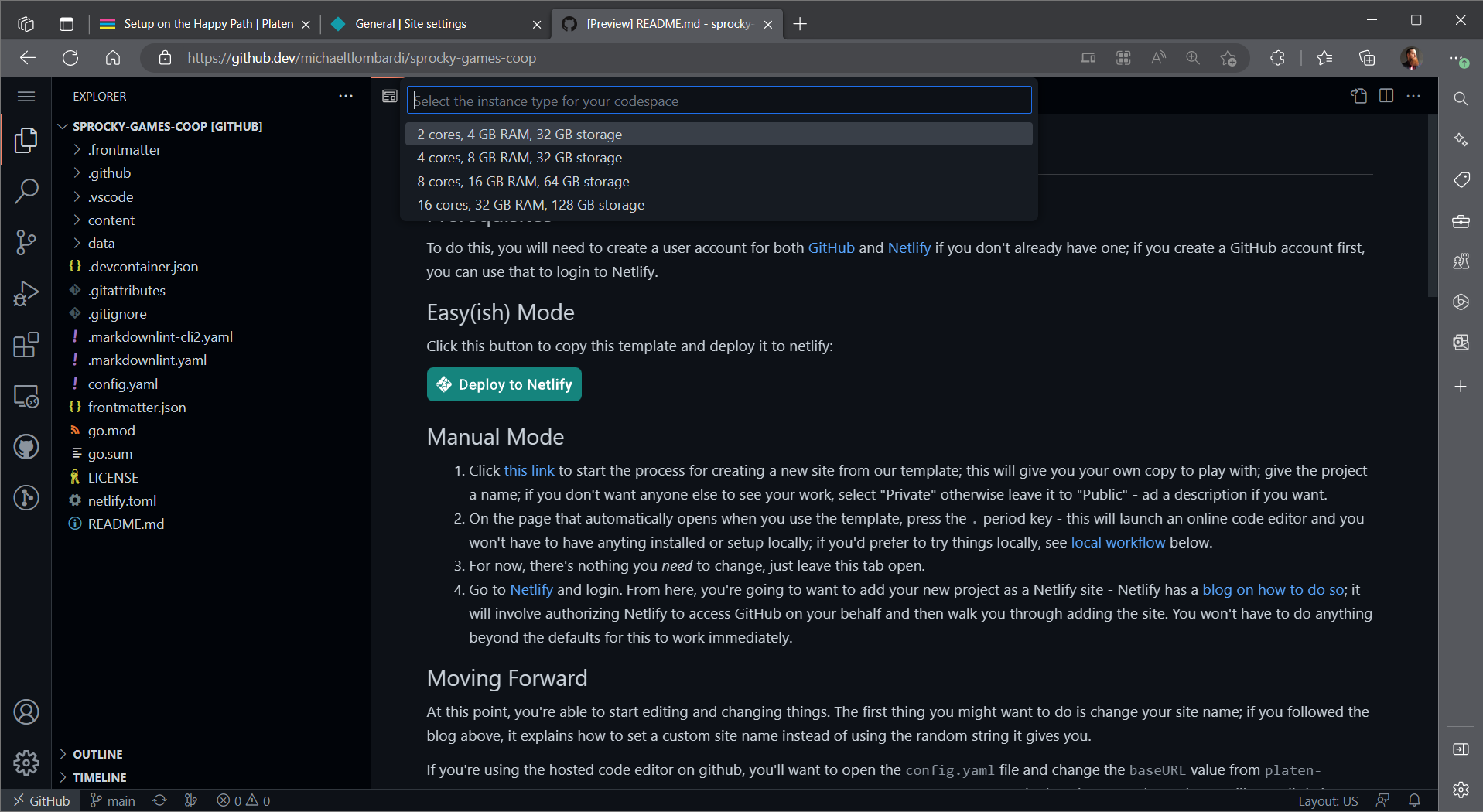 Screenshot of selecting the instance type for the codespace