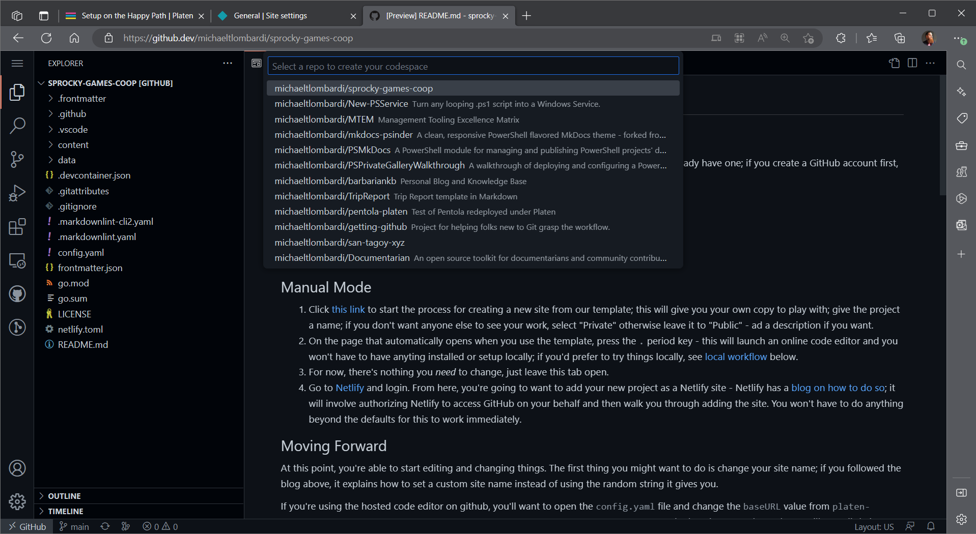 Screenshot of selecting your repository for the codespace