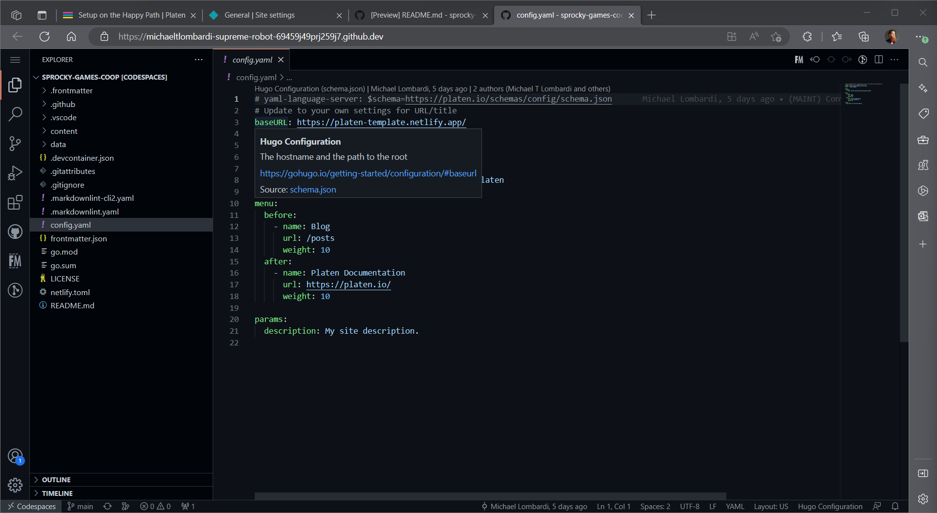 Screenshot of the codespace with hover help for the baseURL key