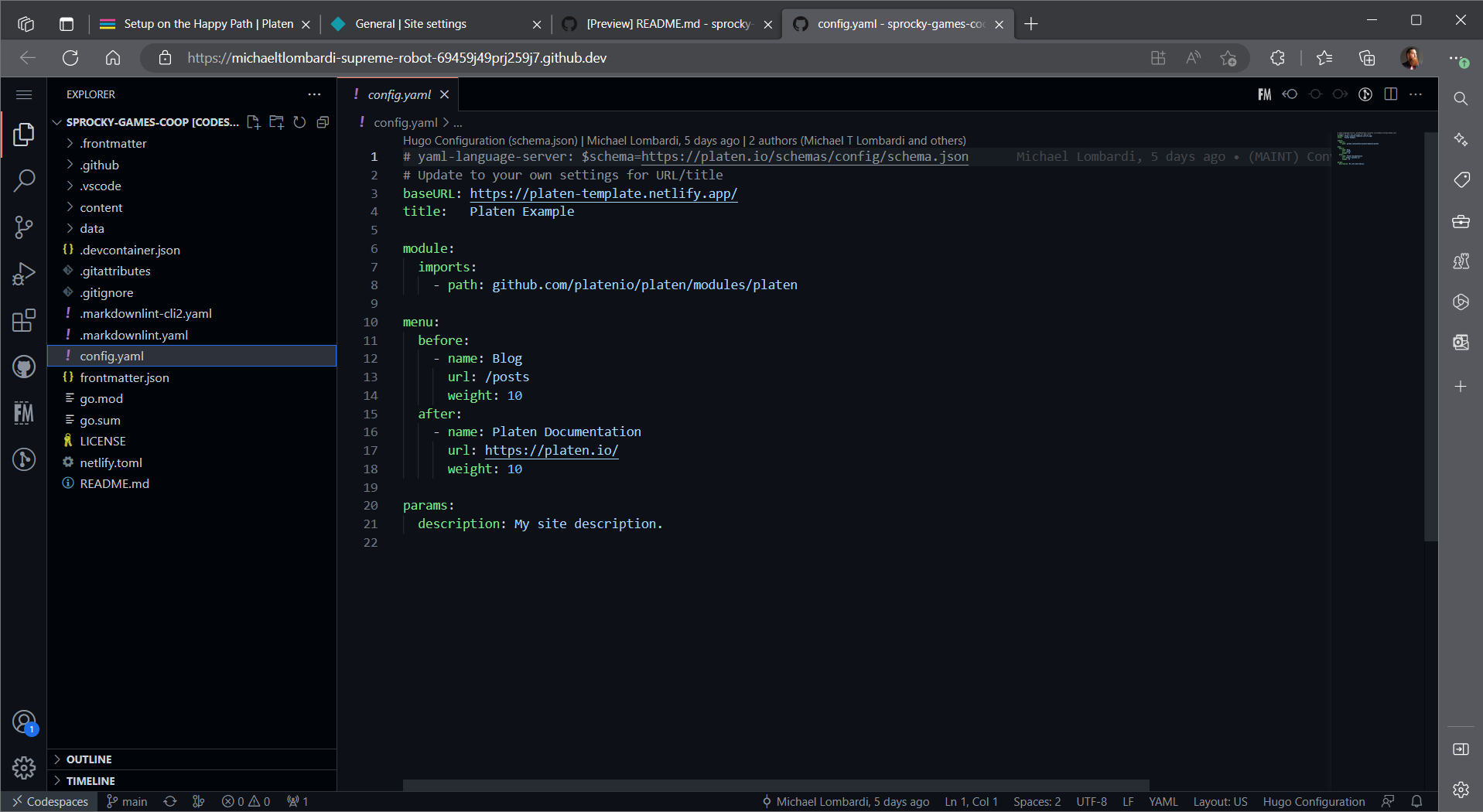 Screenshot of the codespace