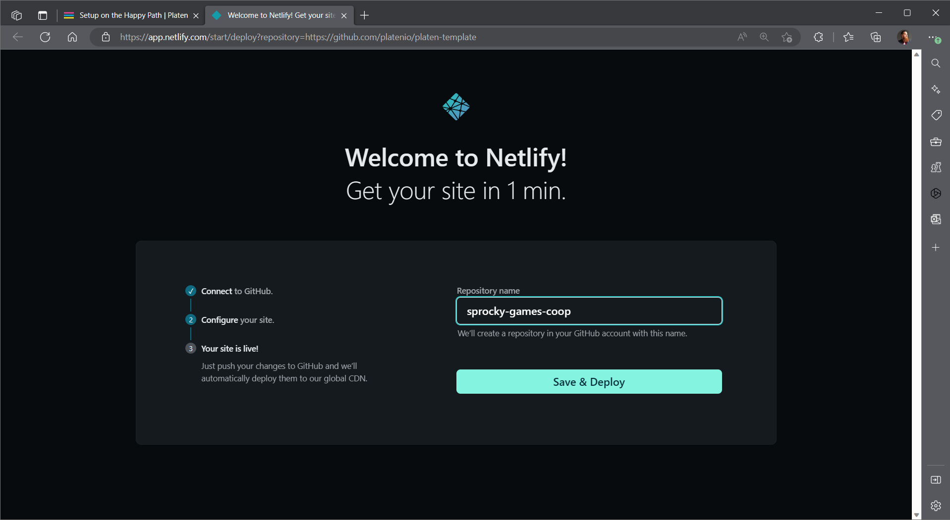 Screenshot showing the naming page for Netlify