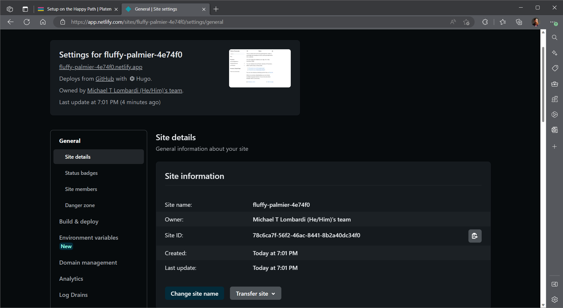 Screenshot of the site settings page on Netlify