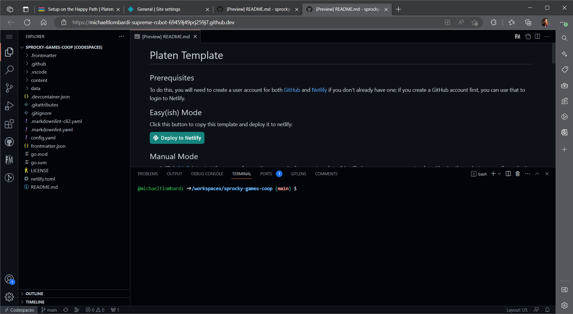 Screenshot of the codespace after it&rsquo;s opened