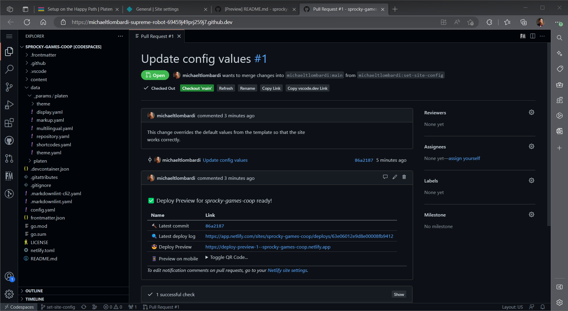 Screenshot of the pull request with the Netlify preview comment and links in the codespace