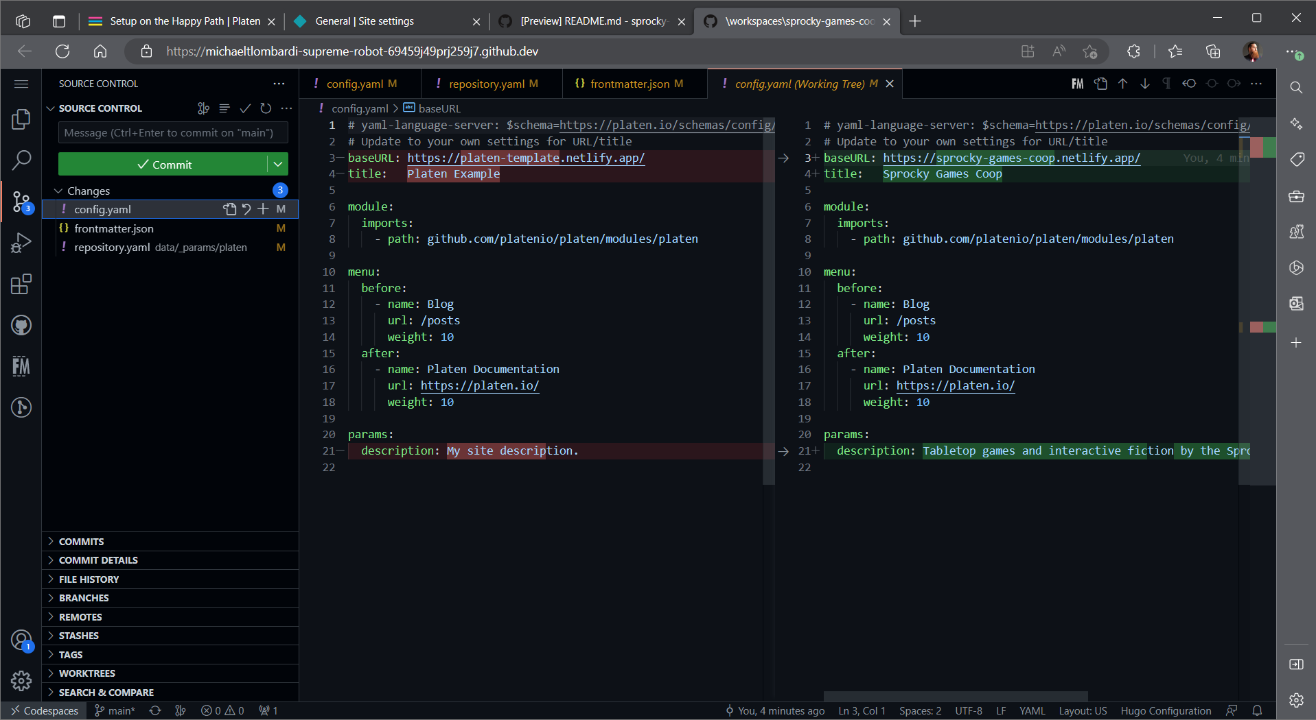 Screenshot of the view of changes for the config.yaml file in codespaces