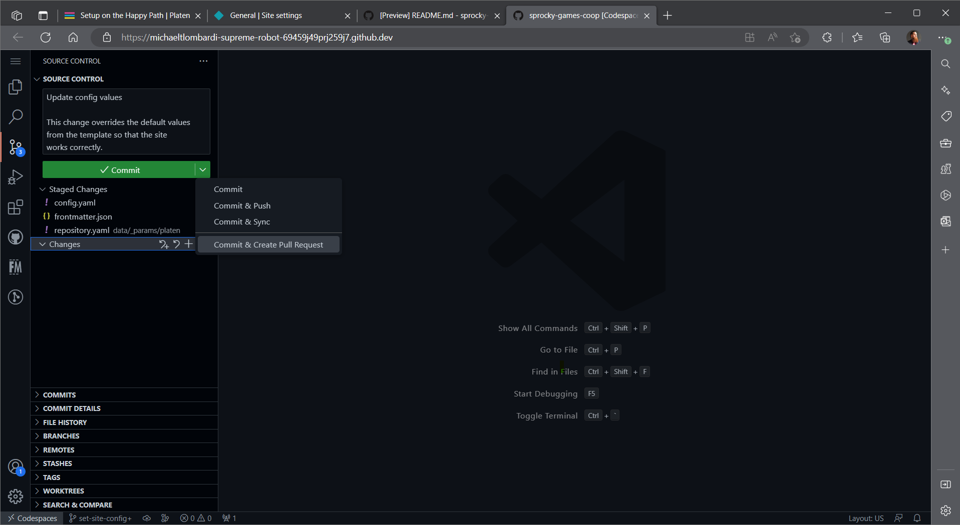 Screenshot of committing the changes and creating a pull request in the codespace