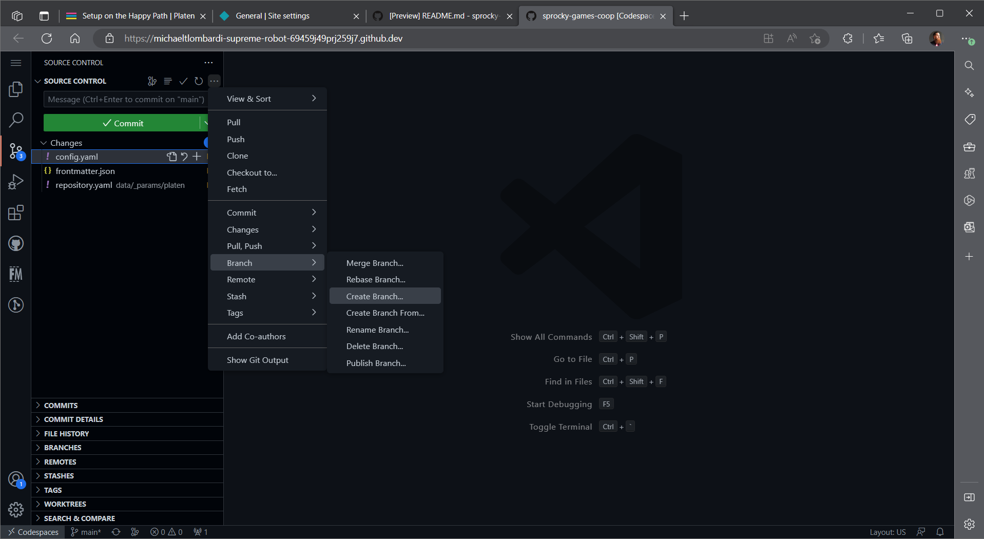 Screenshot of the menu option for creating a branch in the codespace