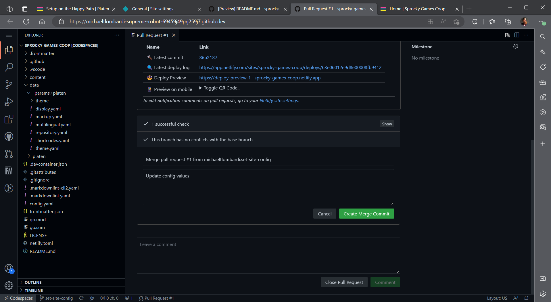 Screenshot of merging the pull request in the codespace