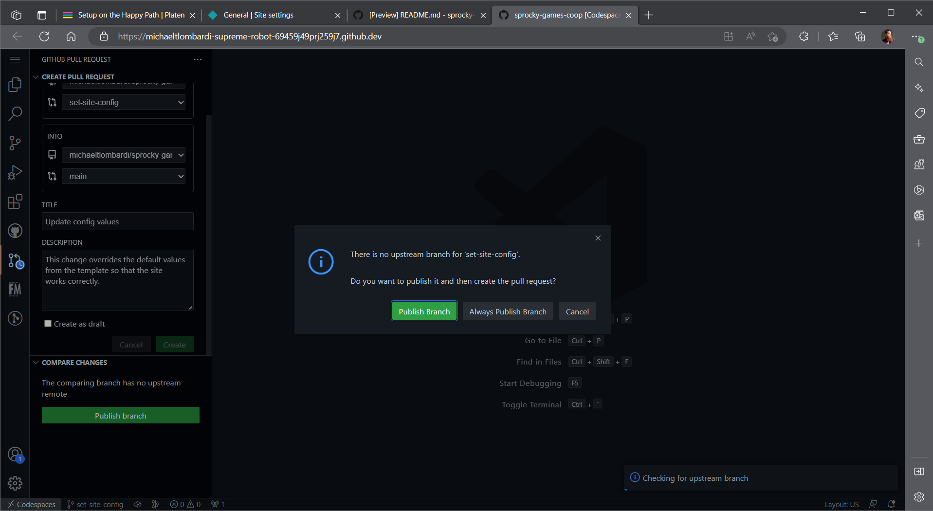 Screenshot of publishing the branch for the pull request in the codespace