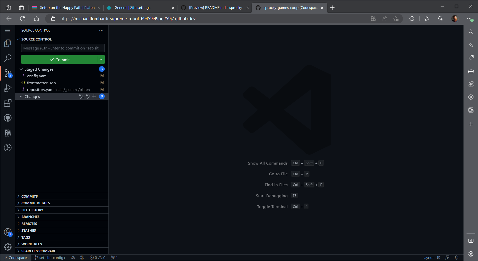 Screenshot of staged changes in the codespace